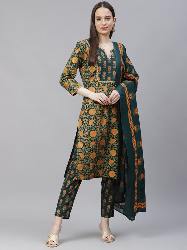 Women's Green Ethnic Motifs Printed Pure Cotton Kurta with Trousers & Dupatta ( JOKS D22G 1400 Green ) - Jompers