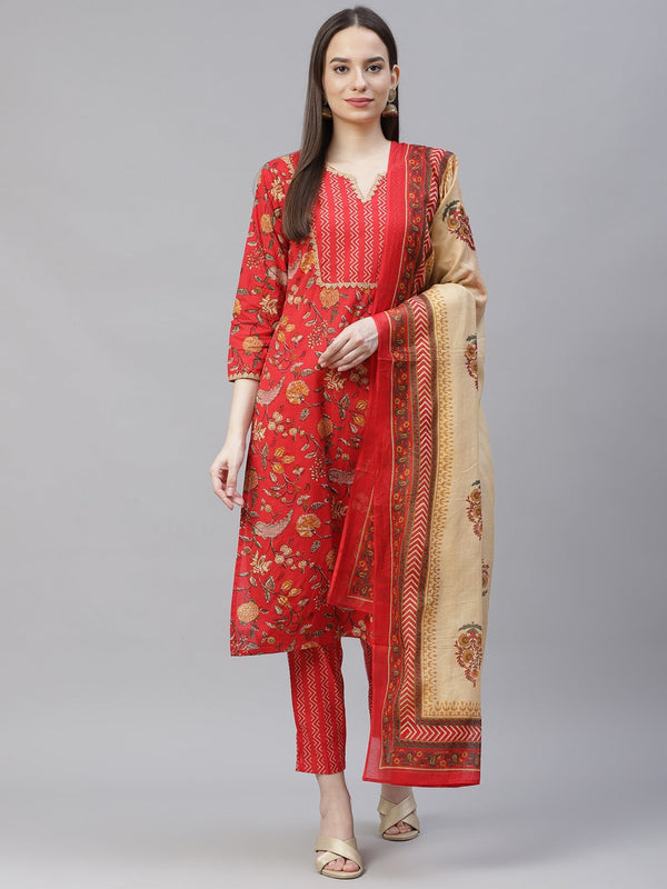 Women's Red Ethnic Motifs Printed Regular Pure Cotton Kurta with Trousers & Dupatta ( JOKS D22R 1400 Red ) - Jompers