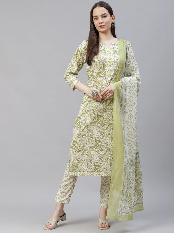 Women Green Ethnic Motifs Printed Pure Cotton Kurta with Trousers & Dupatta