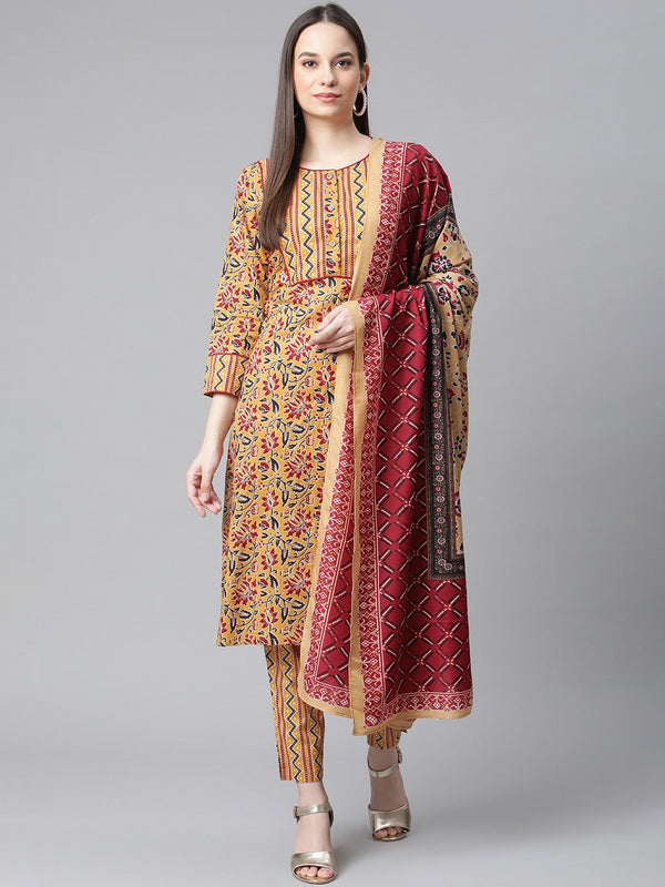 Jashvi Women Mustard Yellow & Maroon Floral Pure Cotton Kurta with Trousers & Dupatta