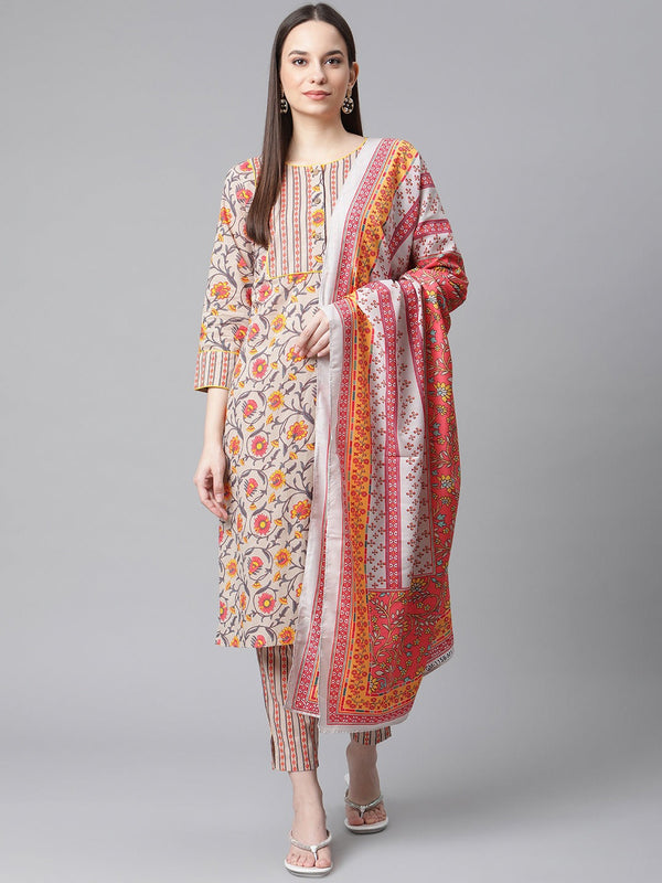 Jashvi Women Grey & Peach Floral Pure Cotton Kurta with Trousers & Dupatta