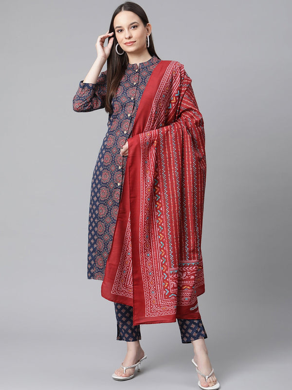 Women Blue & Maroon Printed Regular Pure Cotton Kurta with Trousers & With Dupatta