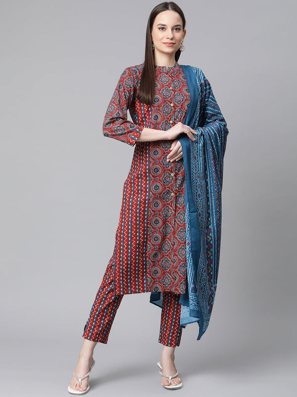 Women  Maroon & Blue Printed Regular Pure Cotton Kurta with Trousers & With Dupatta