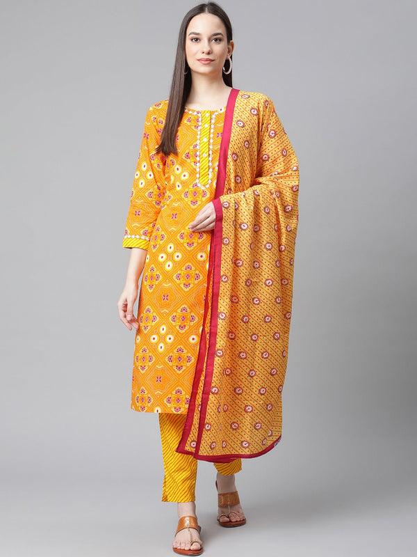 Women Yellow & Pink Ethnic Motifs Printed Pure Cotton Kurta With Trousers & Dupatta