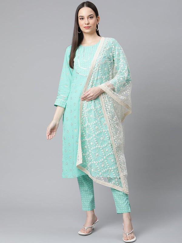 Women Green Floral Printed Regular Pure Cotton Kurta with Trousers & With Dupatta