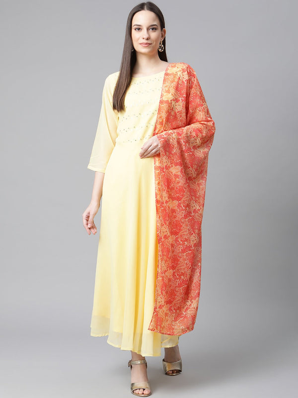 Jashvi Women Yellow Embroidered Regular Sequinned Kurta with Trousers & With Dupatta