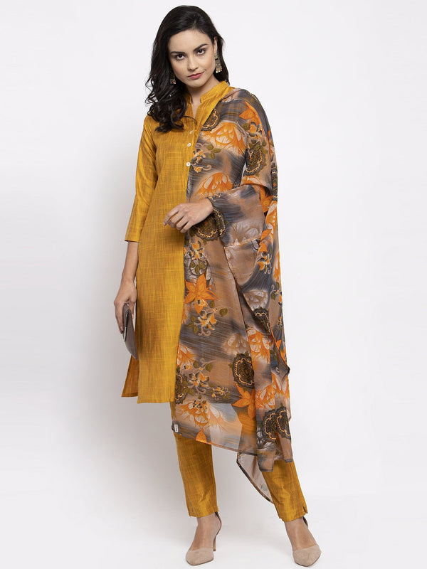 Jashvi Women Yellow Self-Striped Kurta with Trousers & Gorgette Dupatta