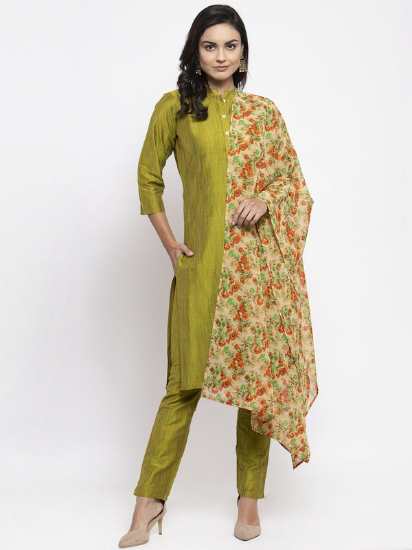 Jashvi Women Green Self-Striped Kurta with Trousers & Floral Georgette Dupatta