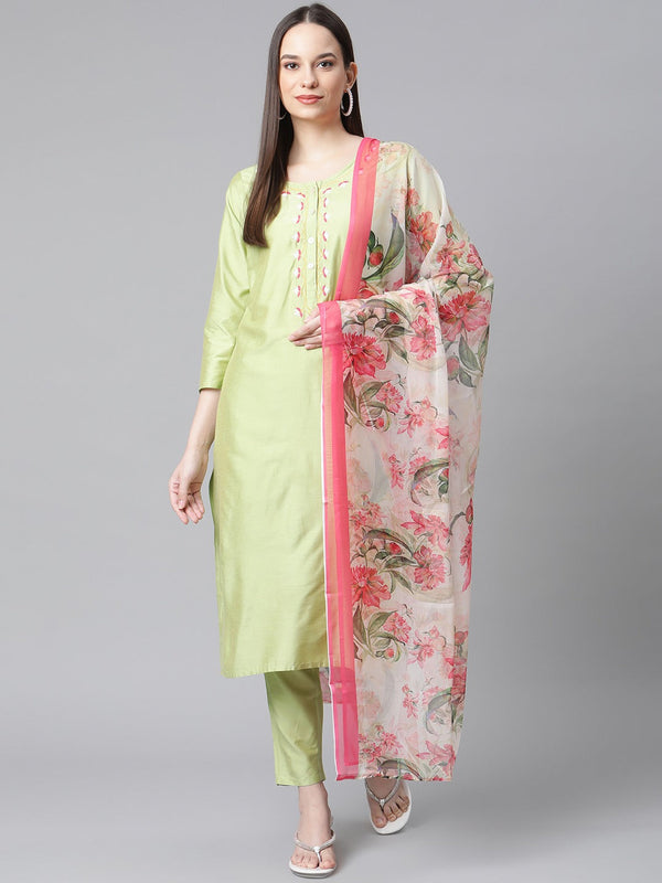 Women Green Embroidered Regular Kurta with Trousers & With Dupatta