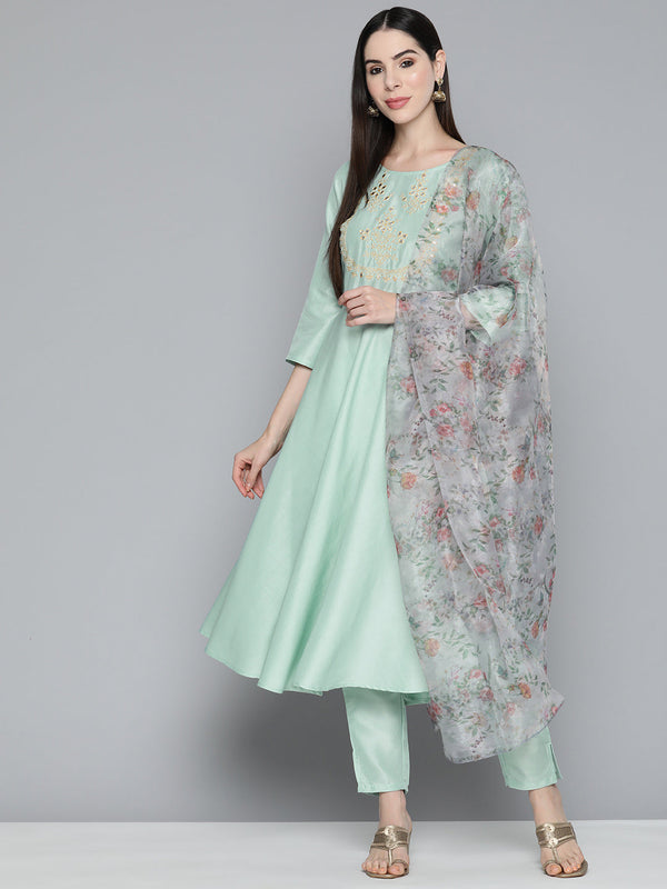 Green Floral Embroidered Mirror Work Kurta with Trousers & With Dupatta