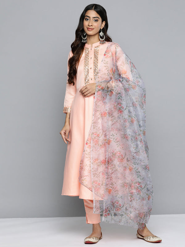 Jashvi Embroidered Mirror Work Kurta With Trousers & Dupatta