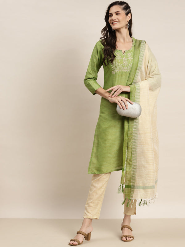 Yoke Design Cotton Women Silk Kurta with Trousers & Dupatta