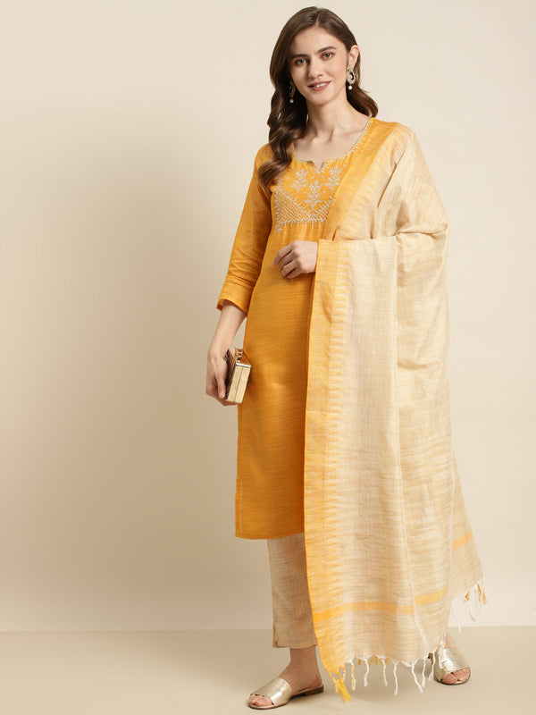 Yoke Design Cotton Women Silk Kurta with Trousers & Dupatta