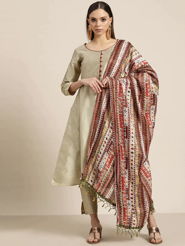 Women's Dupion Silk Jacquard Kurta with Trousers & Dupatta - Taantav