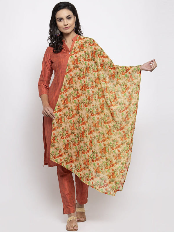 Jashvi Women Orange Self-Striped Kurta with Trousers & Floal Georgette Dupatta