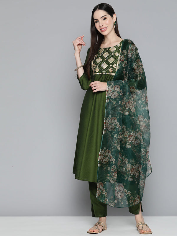 Olive Green Floral Embroidered Mirror Work Kurta with Trousers & With Dupatta