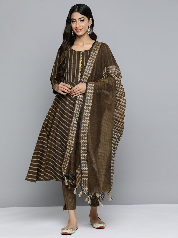 Jashvi Women Brown Embroidered Regular Kurta with Trousers & With Dupatta