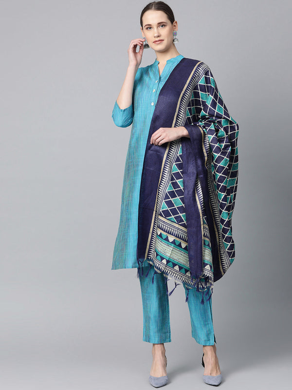 Jashvi Women Blue & Green Self-Striped Kurta with Trousers & Dupatta