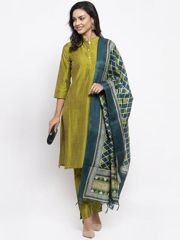 Jashvi Women Green Self-Striped Kurta with Trousers & Art Silk Dupatta