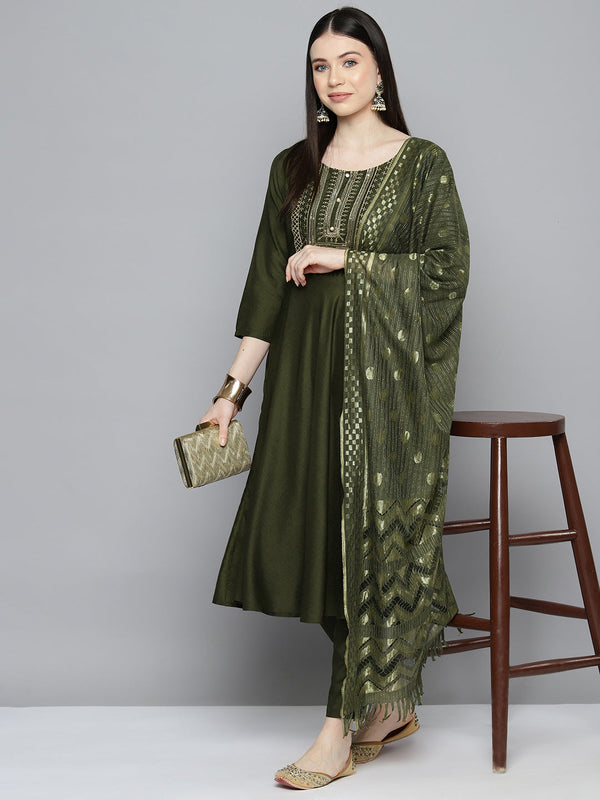 Sequin, zari embroidered flaired kurta with pants and dupatta