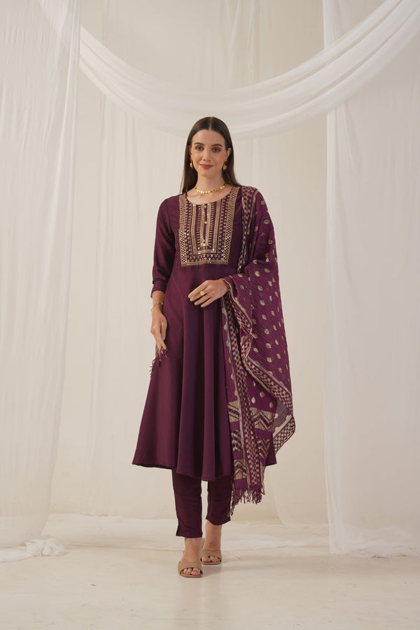 Sequin, zari embroidered flaired kurta with pants and dupatta