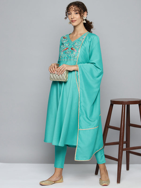 Women's Embroidered Silk Flared kurta, pant with dupatta set - Taantav