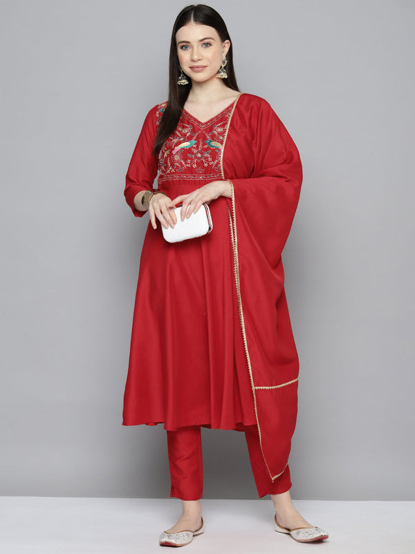 Women's Embroidered Silk Flared kurta, pant with dupatta set - Taantav