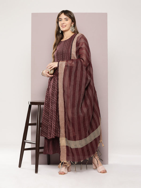 Women's Jacquard flared kurta palazzos dupatta set - Taantav