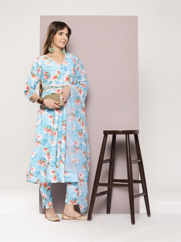 Mirror work detailing, linen printed flared kurta with trousers and dupatta