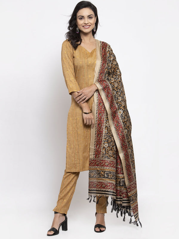 Women Beige & Black Striped Kurta with Trousers & Printed Dupatta