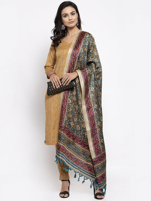 Women Beige & Black Striped Kurta with Trousers & Green Printed Dupatta