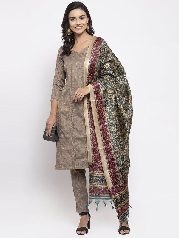 Women Grey Striped Kurta with Trousers & Green Printed Dupatta