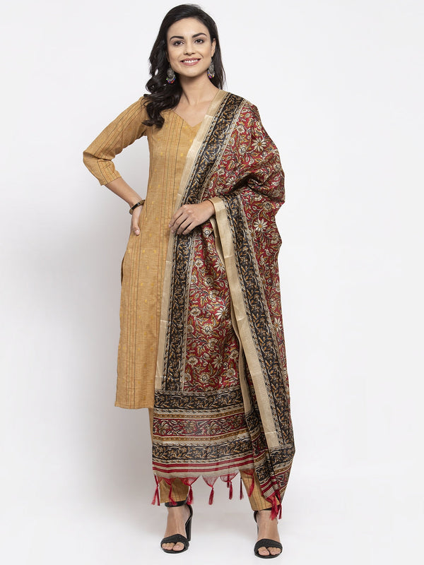 Women Beige & Black Striped Kurta with Trousers & Red Printed Dupatta