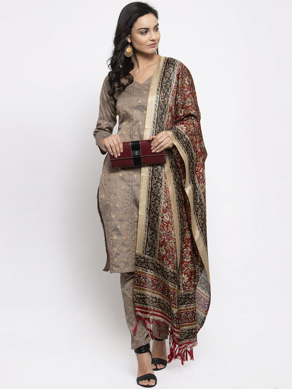 Women Grey Striped Kurta with Trousers & Red Printed Dupatta