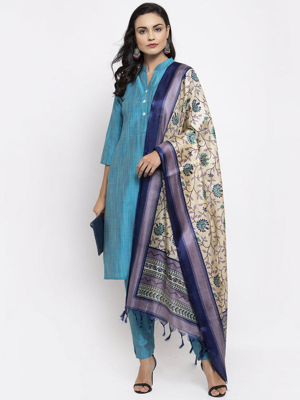 Jashvi Women Blue & Green Self-Striped Kurta with Trousers & Printed Dupatta