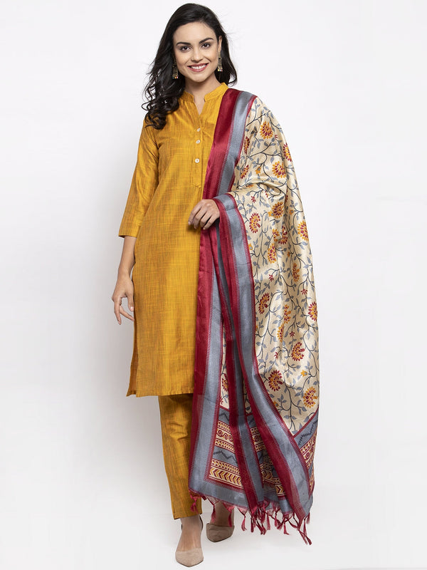 Jashvi Women Yellow Self-Striped Kurta with Trousers & Art Silk Dupatta