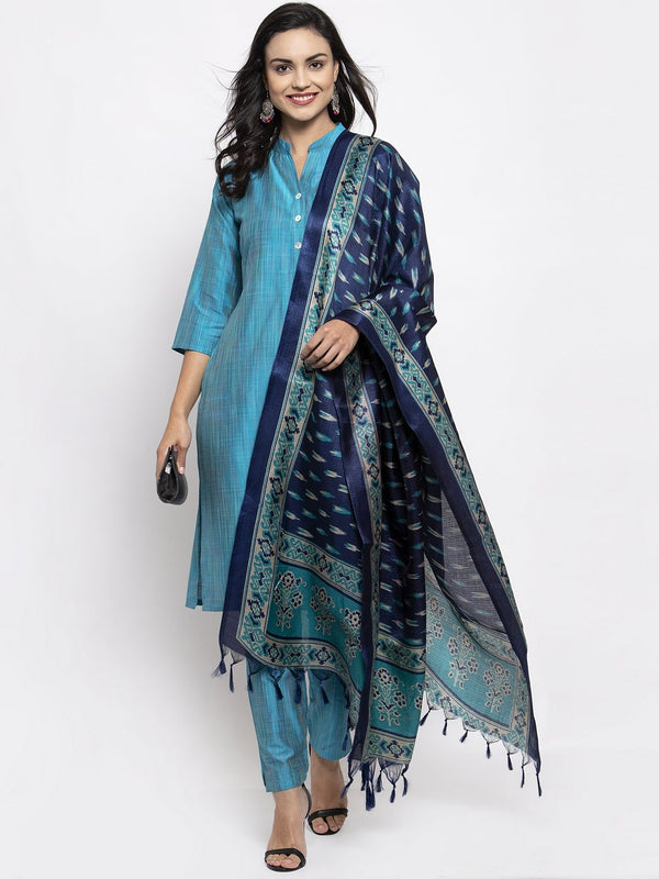 Women's Blue & Green Self Striped Kurta with Trousers & Printed Art Silk Dupatta - Jompers