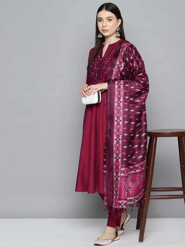 Embroidered Cotton Women Silk Flared kurta,pant with dupatta set