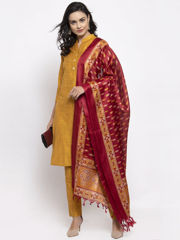 Jashvi Women Yellow Self-Striped Kurta with Trousers & Art Silk Printed Dupatta