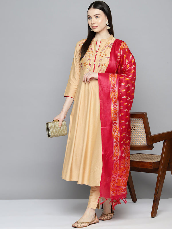 Embroidered Cotton Women Silk Flared kurta,pant with dupatta set