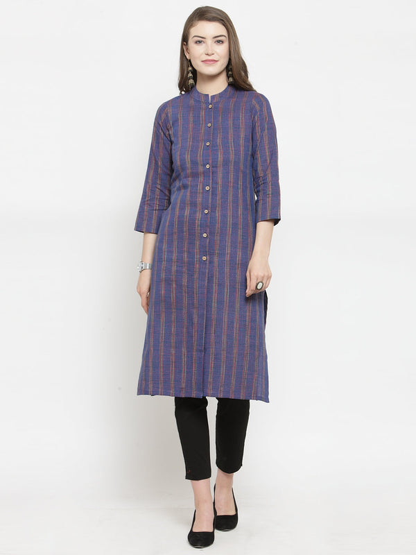 Jashvi Women Blue Blue Striped Cotton-blend Straight Kurta