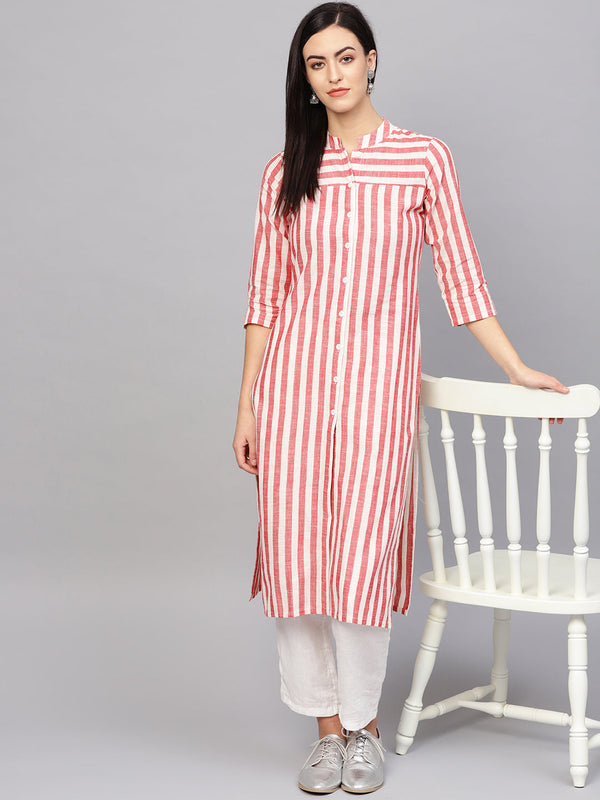 Jashvi Women Red & Off-White Striped Cotton Straight Kurta