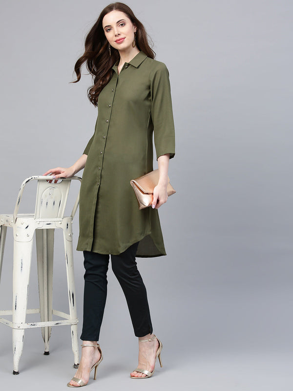 Jashvi Women Olive Green Solid A-Line Kurta