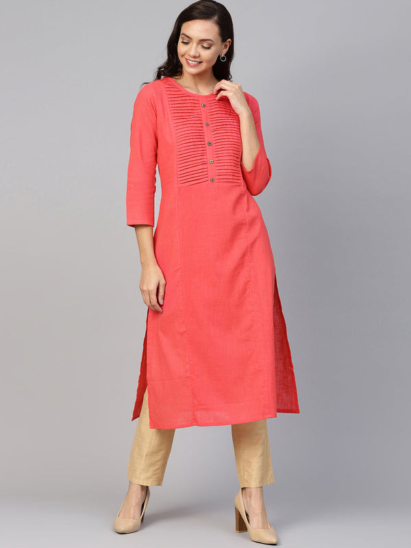 Jashvi Women Peach Cotton Straight Kurta with Pintucks