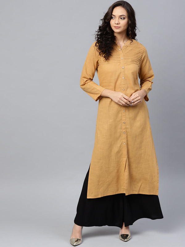 Jashvi Women Beige Cotton Straight Kurta with Pintucks