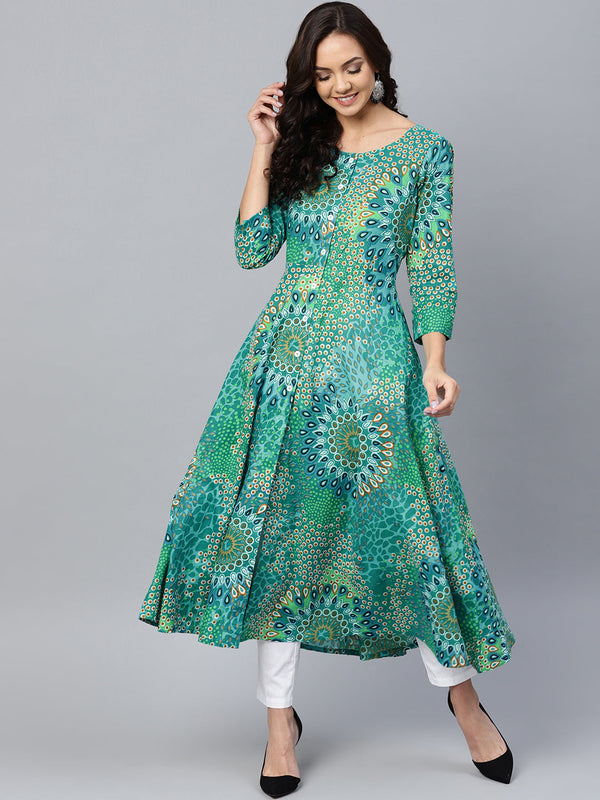 Jashvi Women Green & White Printed Flared Kurta