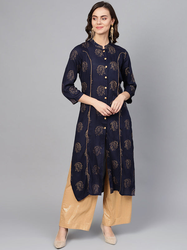 Jashvi Women Navy Blue & Golden Printed Straight Kurta