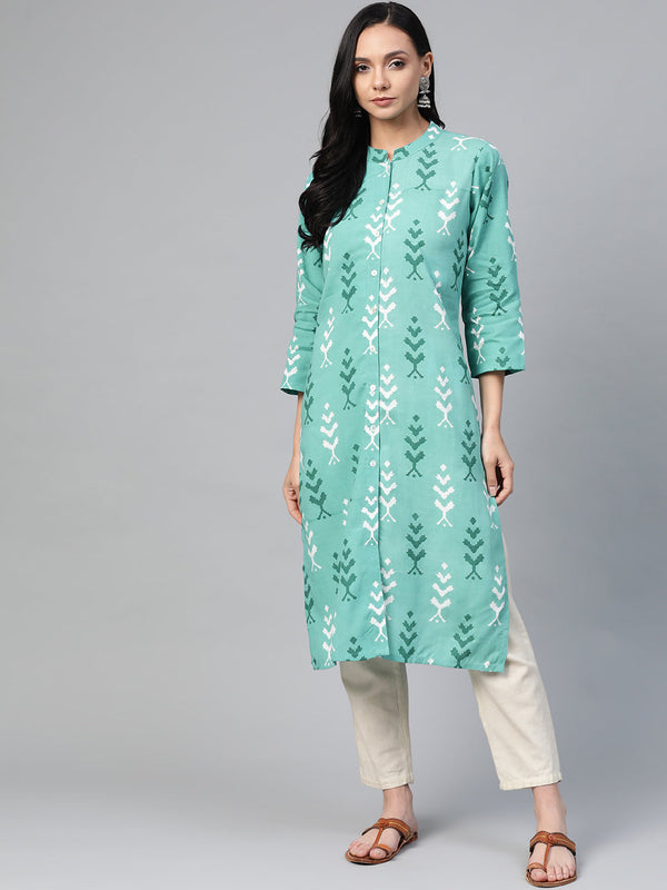 Jashvi Women Green & White Ikkat Print Straight Kurta