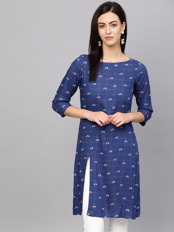 Jashvi Women Blue & Off-White Checked Straight Kurta