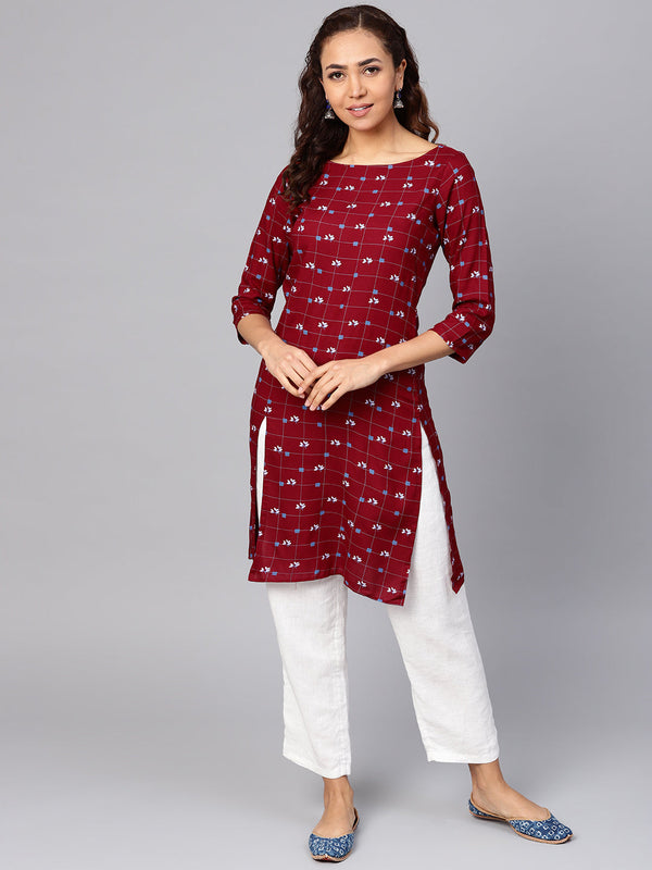 Jashvi Women Maroon & Off-White Checked Straight Kurta